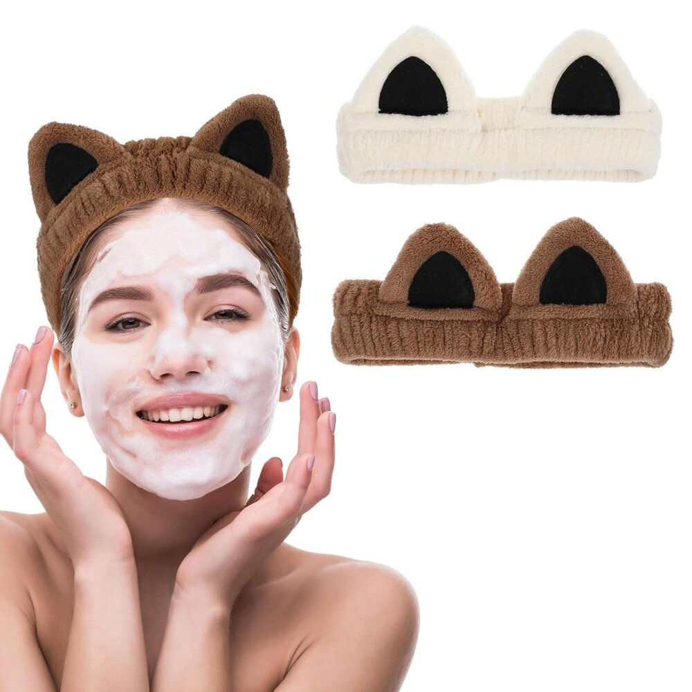Spa Headband 2 Pack Soft Fluffy Cat Ear Headbands for Washing Face Skincare Make